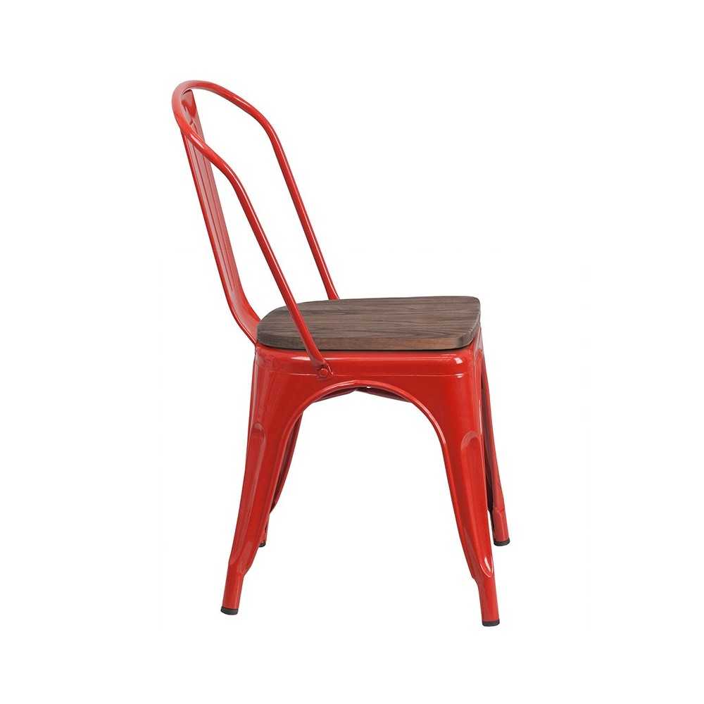 Red Metal Stackable Chair with Wood Seat