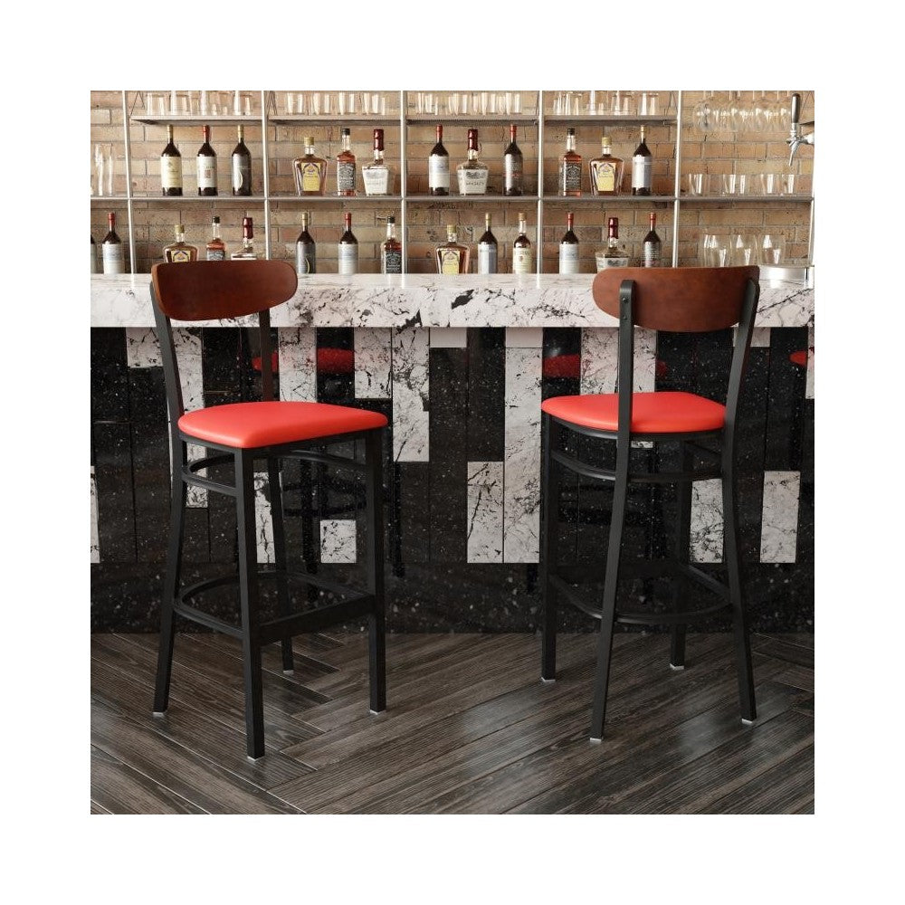 Red Vinyl/Wood Back Barstool