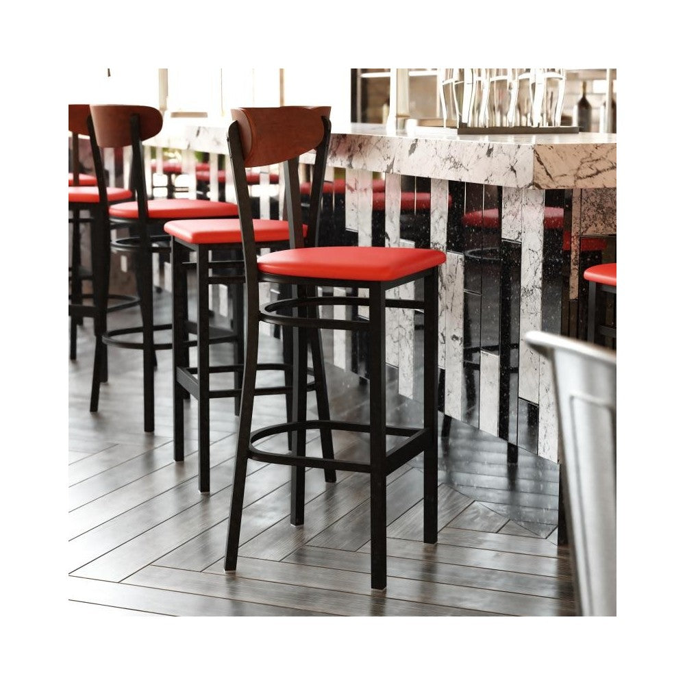 Red Vinyl/Wood Back Barstool