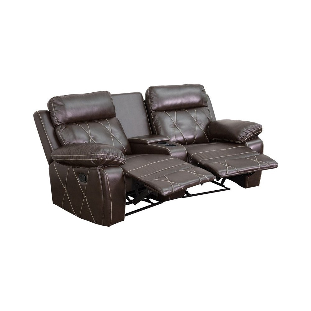 Reel Comfort Series 2-Seat Reclining Brown LeatherSoft Theater Seating Unit with Curved Cup Holders