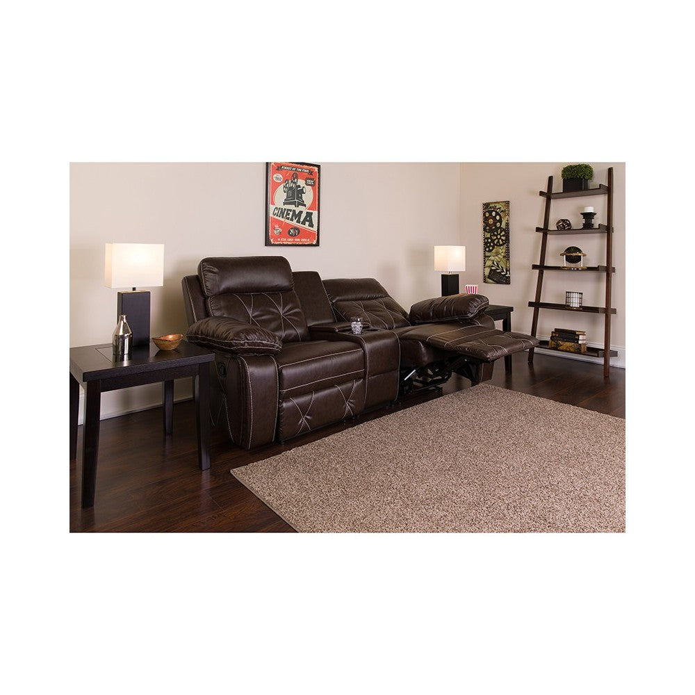 Reel Comfort Series 2-Seat Reclining Brown LeatherSoft Theater Seating Unit with Straight Cup Holders