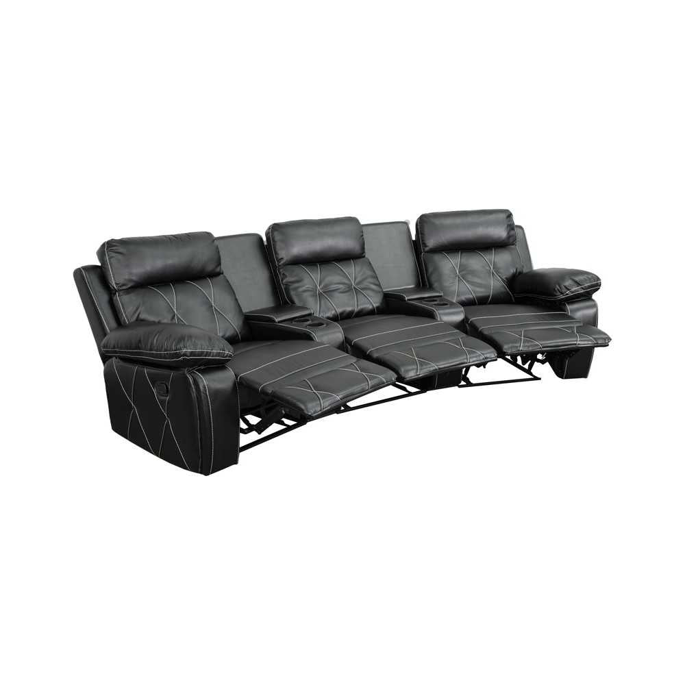 Reel Comfort Series 3-Seat Reclining Black LeatherSoft Theater Seating Unit with Curved Cup Holders