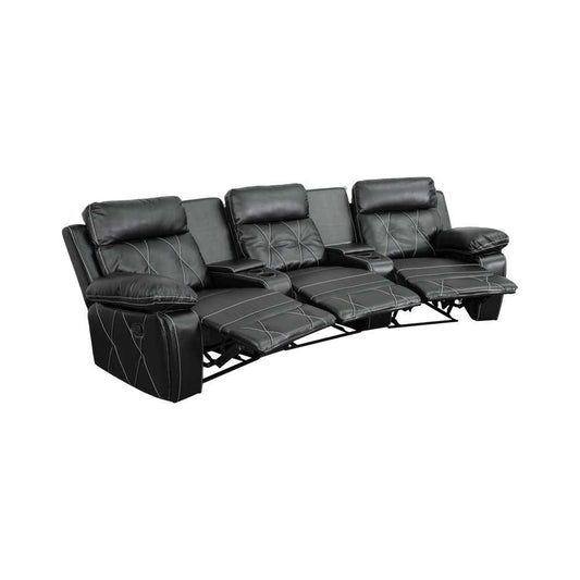 Reel Comfort Series 3-Seat Reclining Black LeatherSoft Theater Seating Unit with Curved Cup Holders