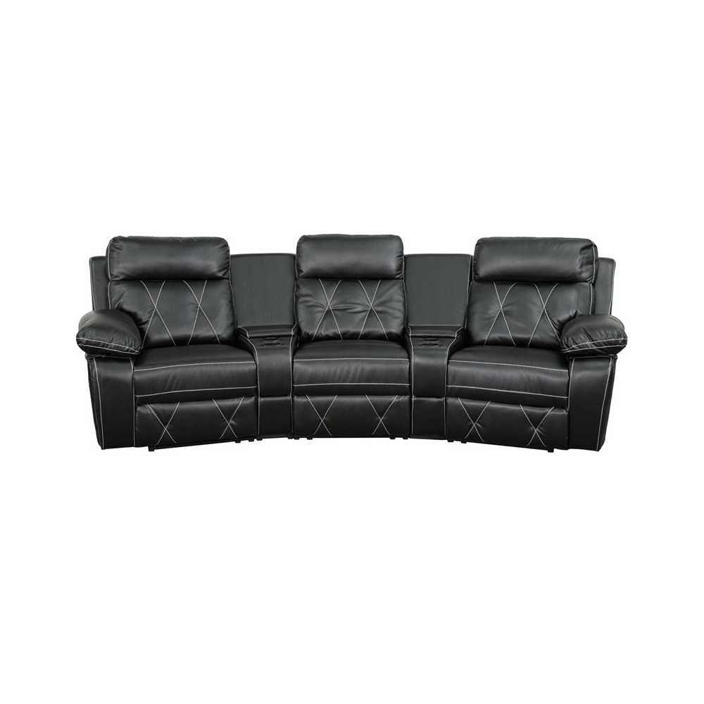 Reel Comfort Series 3-Seat Reclining Black LeatherSoft Theater Seating Unit with Curved Cup Holders