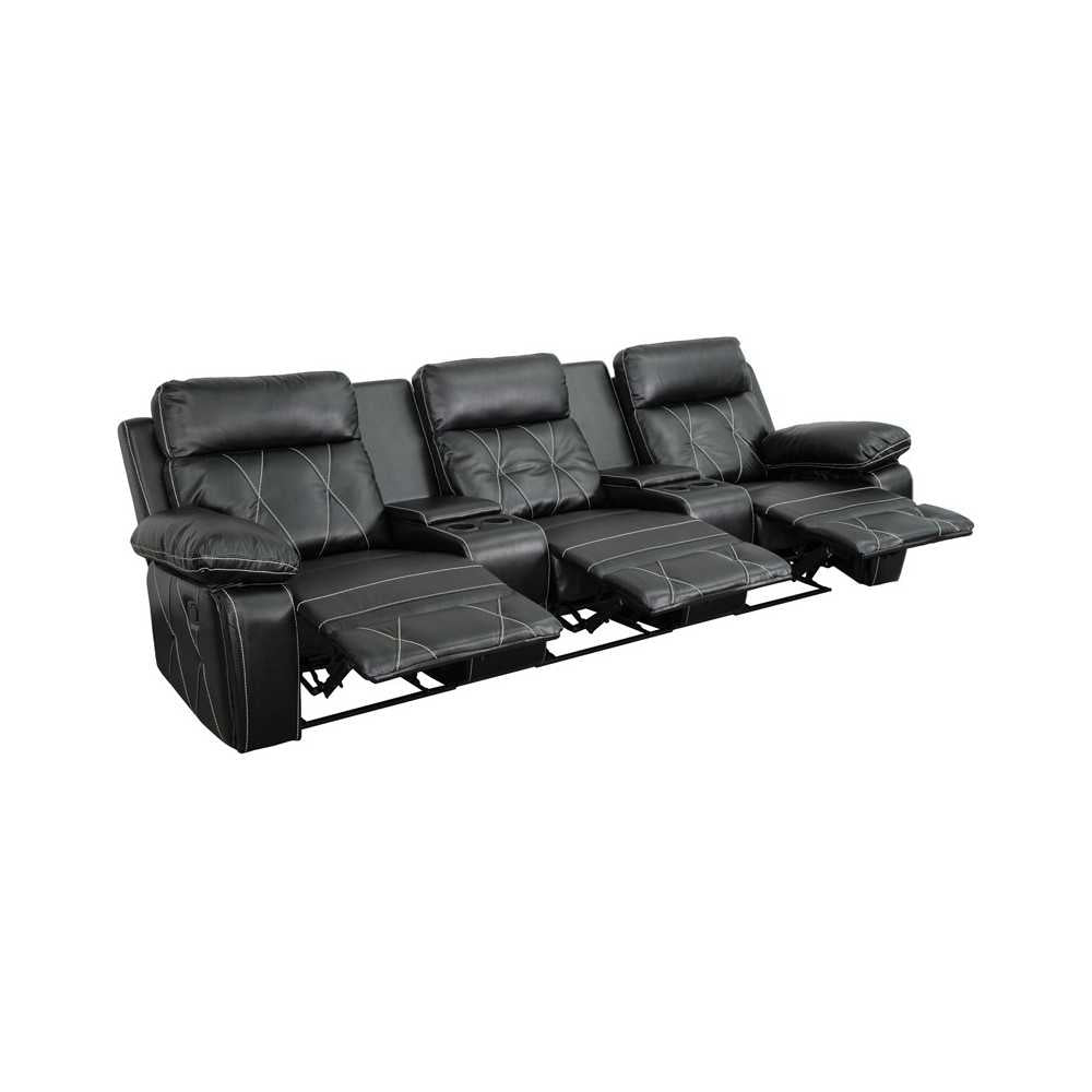 Reel Comfort Series 3-Seat Reclining Black LeatherSoft Theater Seating Unit with Straight Cup Holders