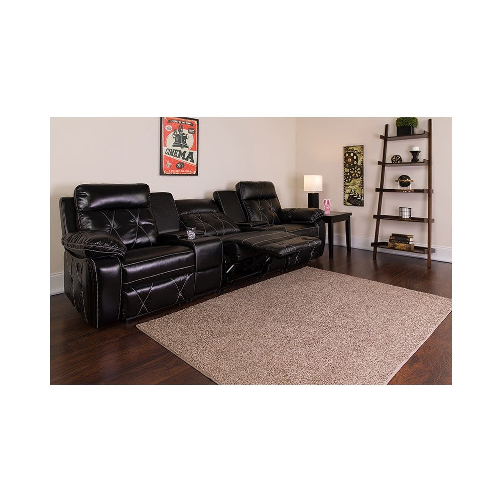 Reel Comfort Series 3-Seat Reclining Black LeatherSoft Theater Seating Unit with Straight Cup Holders