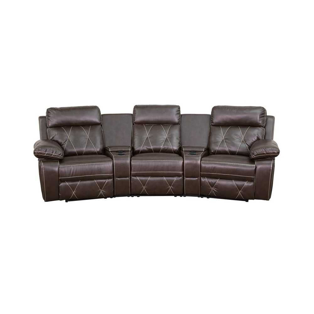 Reel Comfort Series 3-Seat Reclining Brown LeatherSoft Theater Seating Unit with Curved Cup Holders