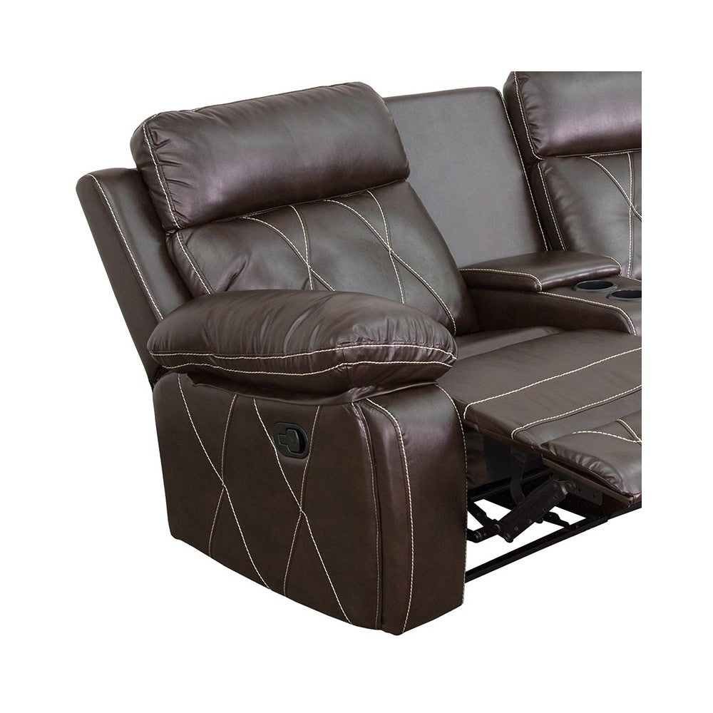 Reel Comfort Series 3-Seat Reclining Brown LeatherSoft Theater Seating Unit with Curved Cup Holders