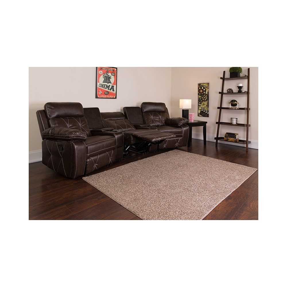 Reel Comfort Series 3-Seat Reclining Brown LeatherSoft Theater Seating Unit with Curved Cup Holders