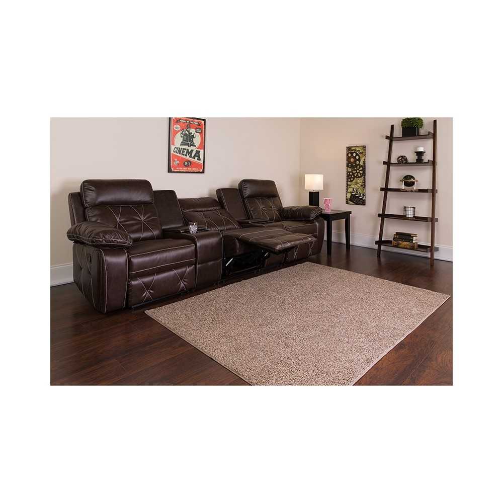 Reel Comfort Series 3-Seat Reclining Brown LeatherSoft Theater Seating Unit with Straight Cup Holders