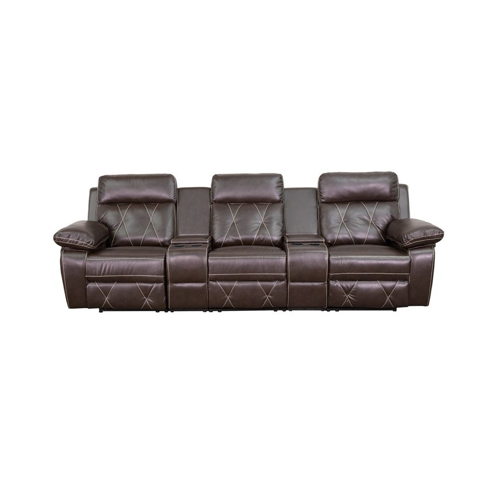 Reel Comfort Series 3-Seat Reclining Brown LeatherSoft Theater Seating Unit with Straight Cup Holders