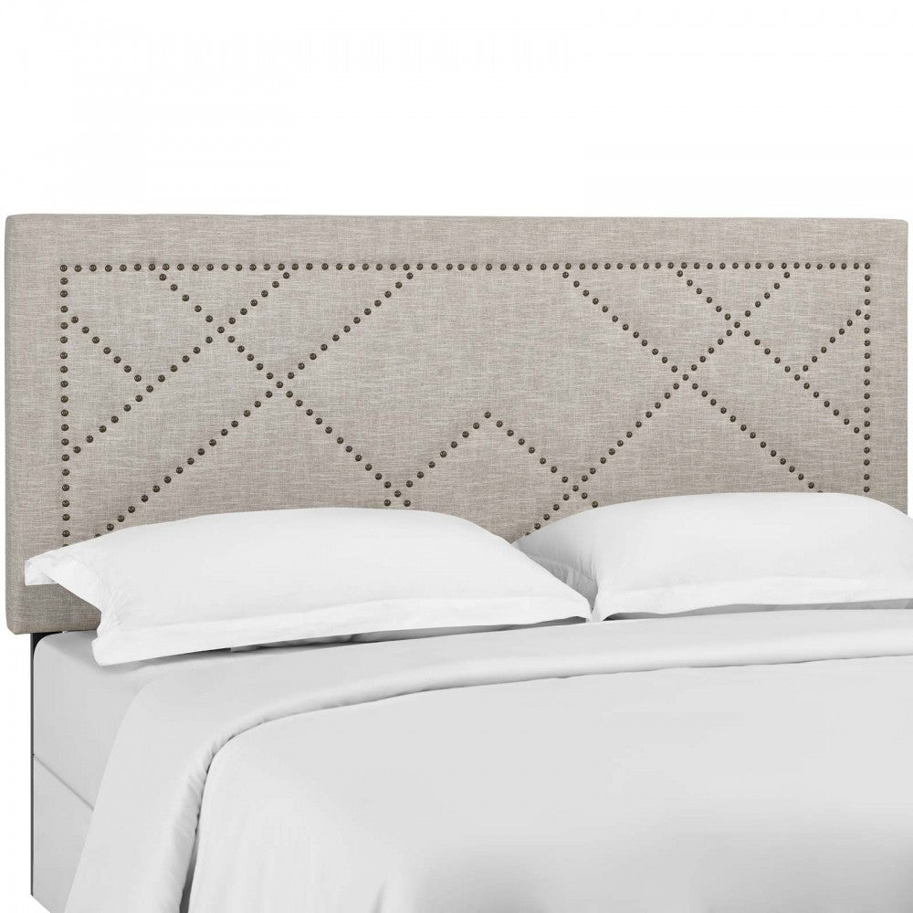 Reese Nailhead Full / Queen Upholstered Linen Fabric Headboard, Beige