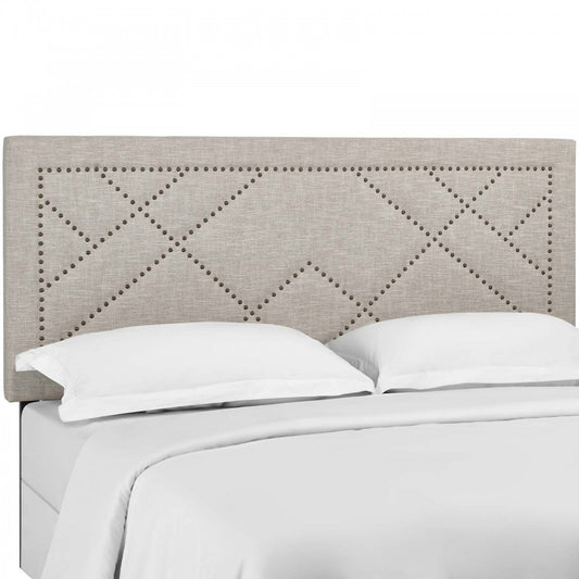 Reese Nailhead Full / Queen Upholstered Linen Fabric Headboard, Beige