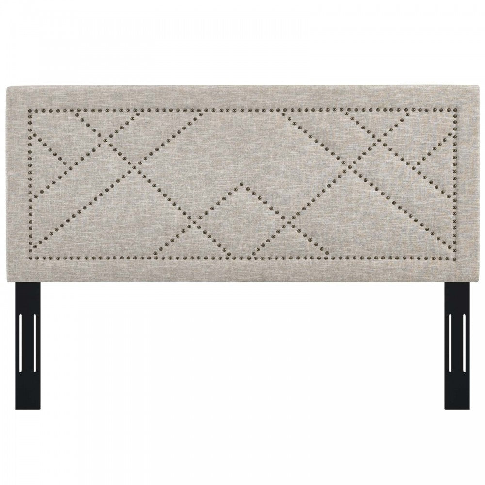 Reese Nailhead Full / Queen Upholstered Linen Fabric Headboard, Beige