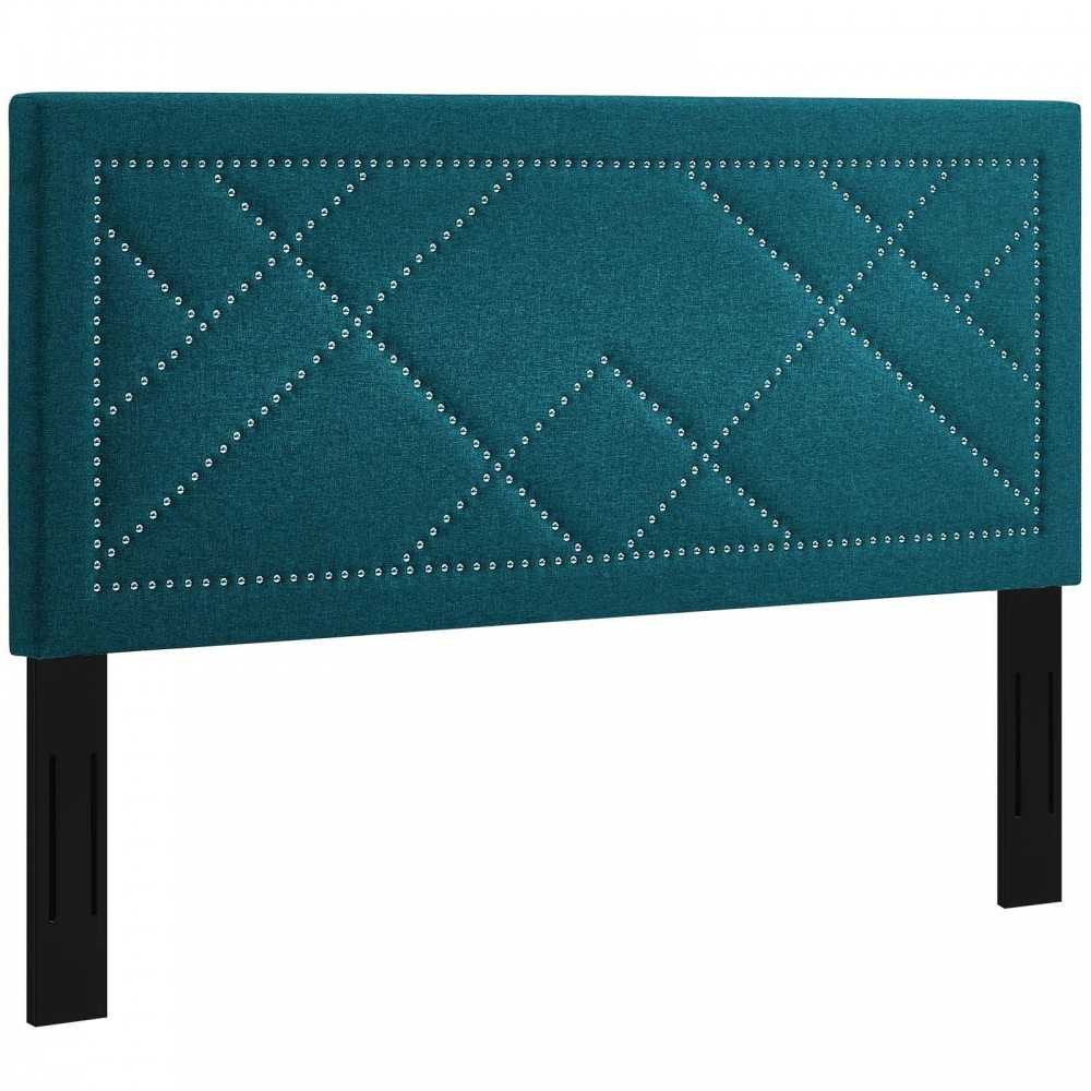 Reese Nailhead Full / Queen Upholstered Linen Fabric Headboard, Teal