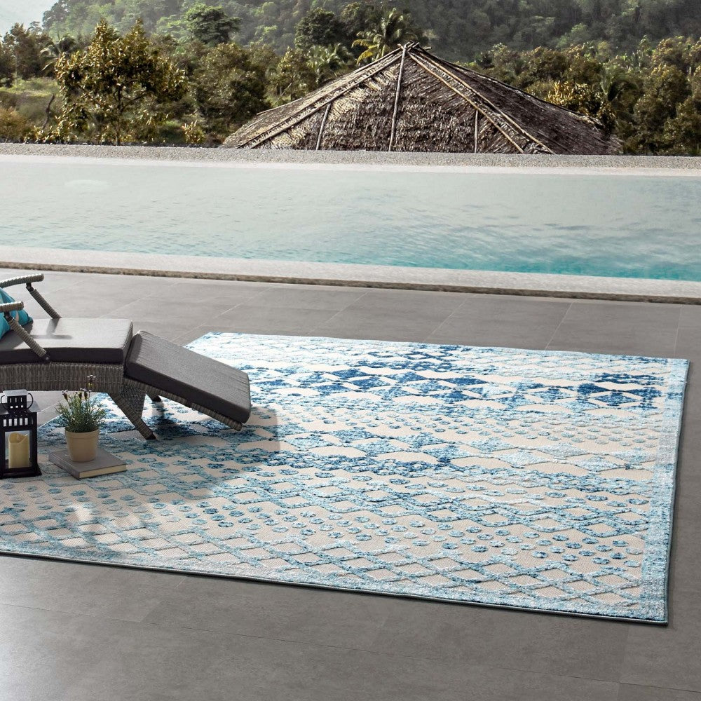 Reflect Giada Abstract Diamond Moroccan Trellis 8x10 Indoor/Outdoor Area Rug, Ivory and Blue