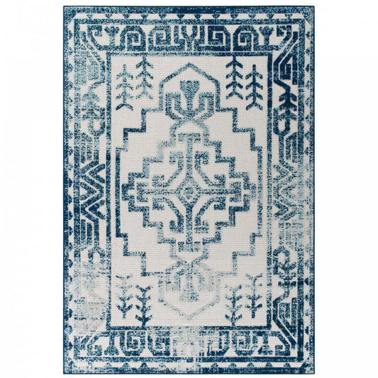 Reflect Nyssa Distressed Geometric Southwestern Aztec 5x8 Indoor/Outdoor Area Rug, Ivory and Blue