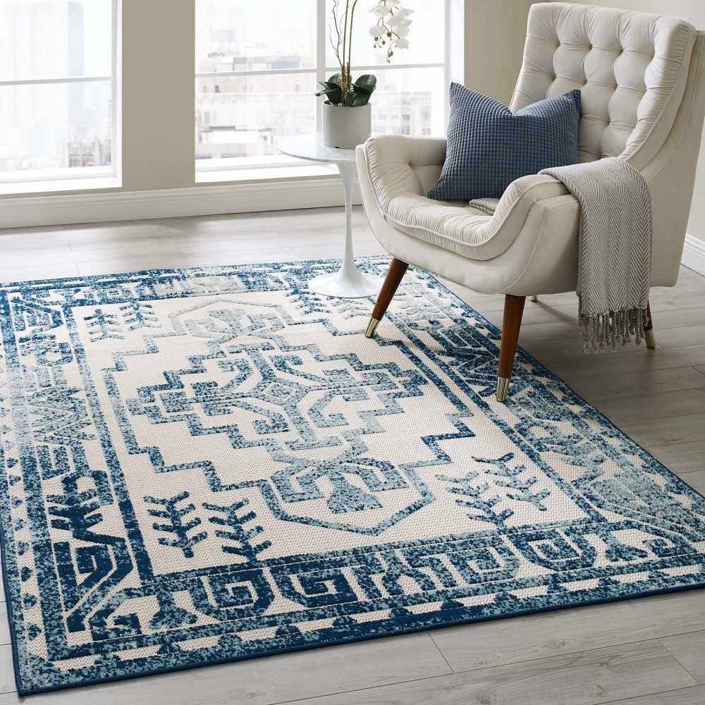 Reflect Nyssa Distressed Geometric Southwestern Aztec 5x8 Indoor/Outdoor Area Rug, Ivory and Blue