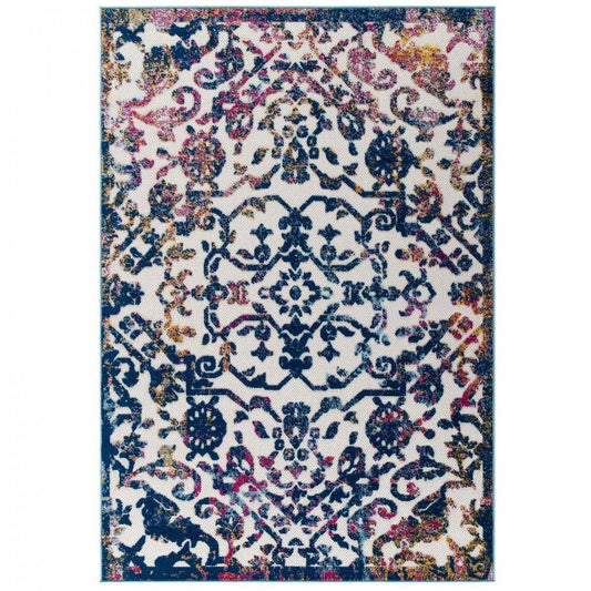 Reflect Primrose Ornate Floral Lattice 5x8 Indoor/Outdoor Area Rug, Ivory, Dark Blue, Multicolored
