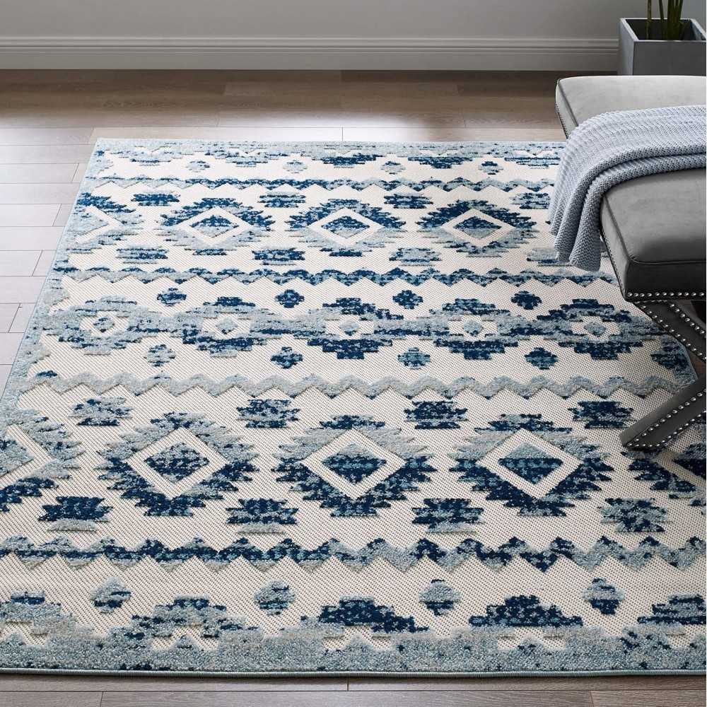 Reflect Takara Abstract Diamond Moroccan Trellis 5x8 Indoor and Outdoor Area Rug, Ivory and Blue