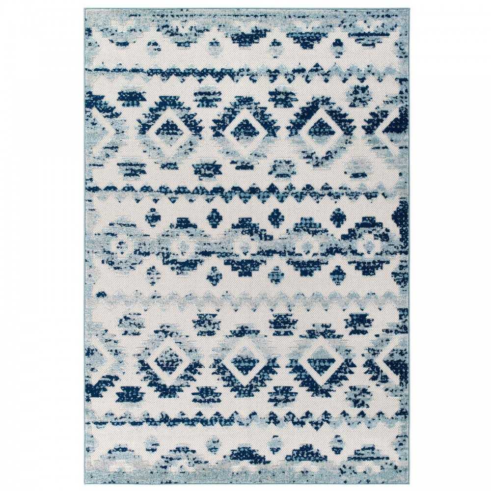 Reflect Takara Abstract Diamond Moroccan Trellis 8x10 Indoor and Outdoor Area Rug, Ivory and Blue