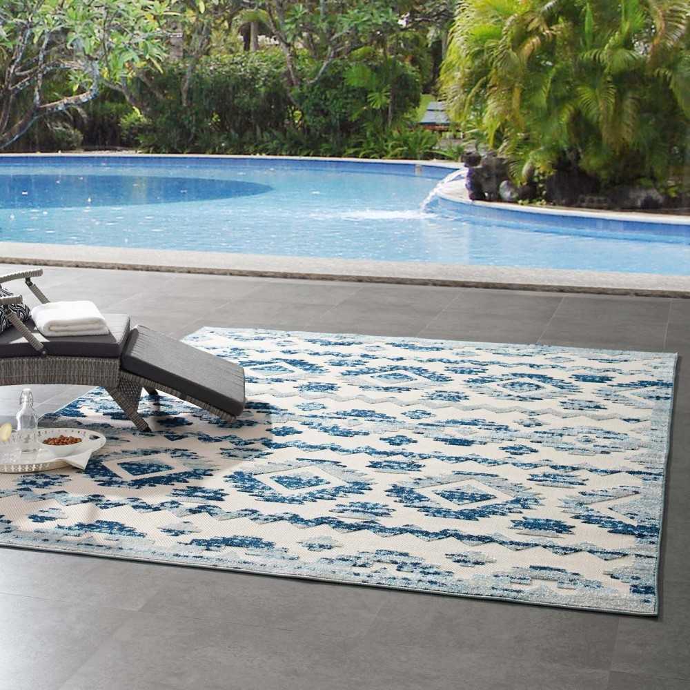 Reflect Takara Abstract Diamond Moroccan Trellis 8x10 Indoor and Outdoor Area Rug, Ivory and Blue