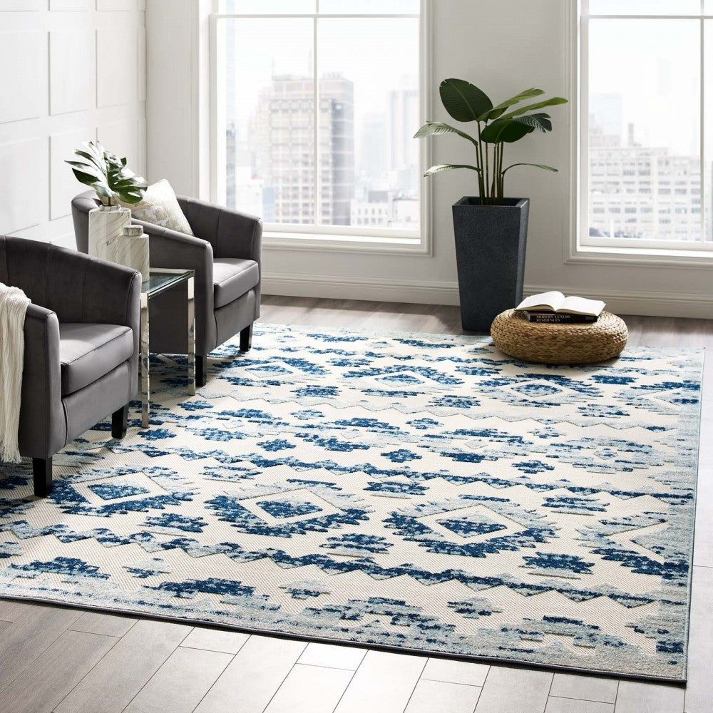 Reflect Takara Abstract Diamond Moroccan Trellis 8x10 Indoor and Outdoor Area Rug, Ivory and Blue