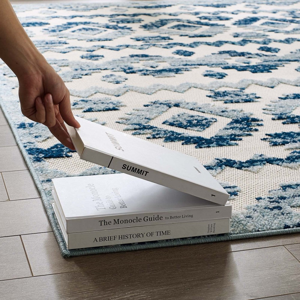 Reflect Takara Abstract Diamond Moroccan Trellis 8x10 Indoor and Outdoor Area Rug, Ivory and Blue