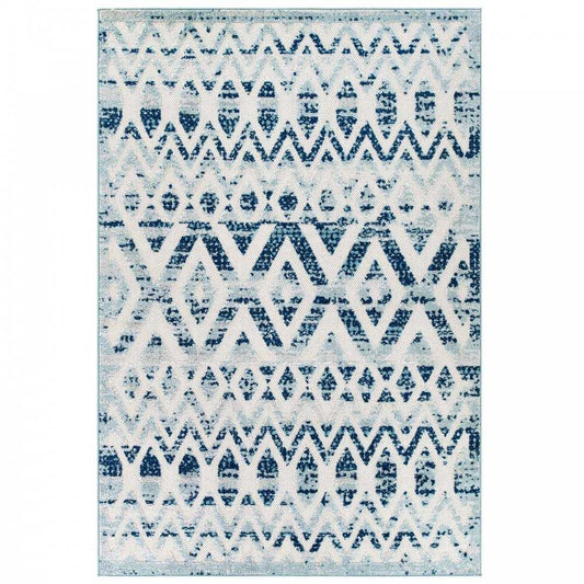 Reflect Tamako Diamond and Chevron Moroccan Trellis 5x8 Indoor / Outdoor Area Rug, Ivory and Blue