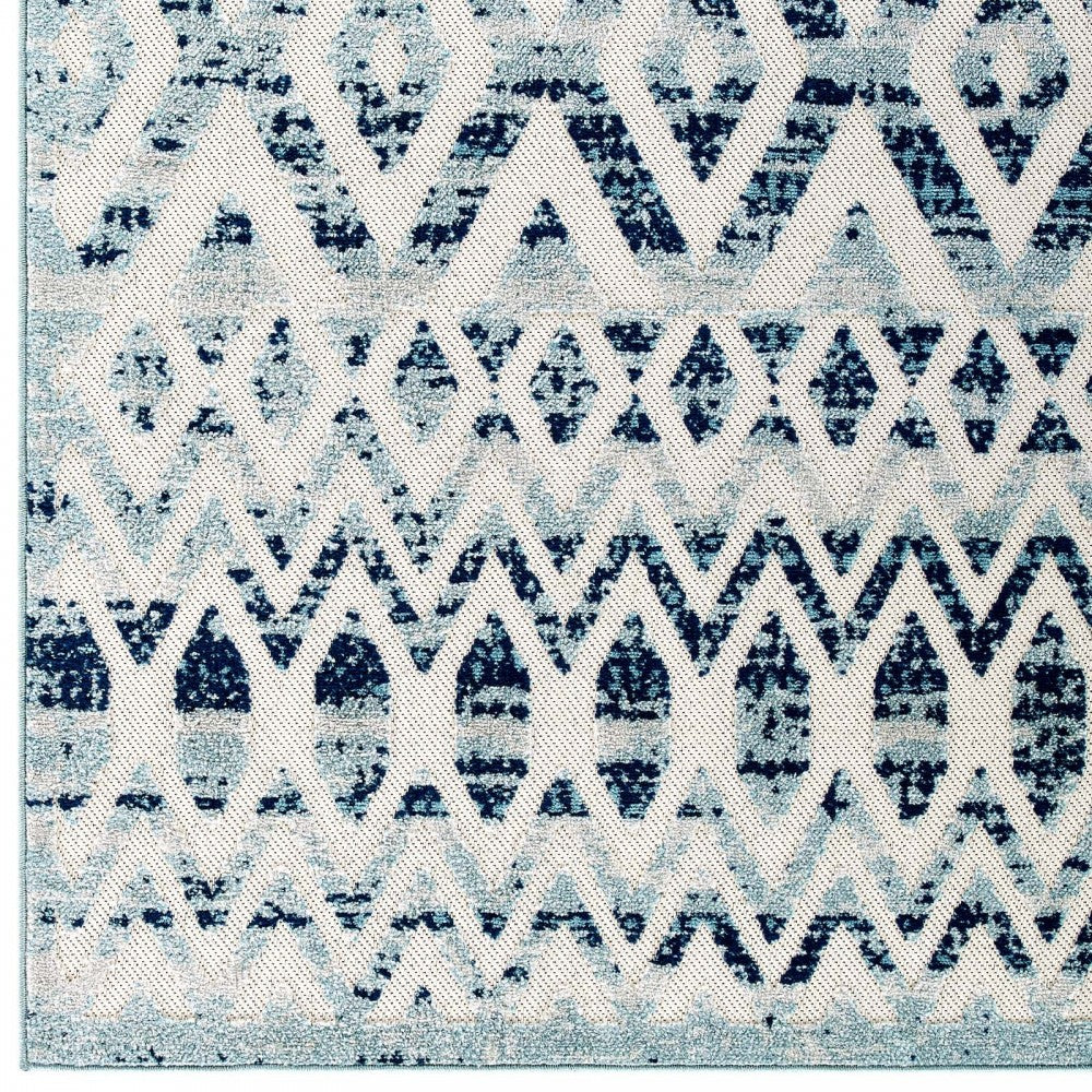 Reflect Tamako Diamond and Chevron Moroccan Trellis 5x8 Indoor / Outdoor Area Rug, Ivory and Blue