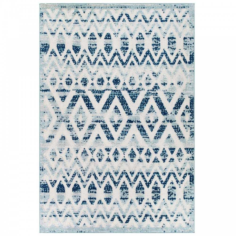 Reflect Tamako Diamond and Chevron Moroccan Trellis 8x10 Indoor / Outdoor Area Rug, Ivory and Blue