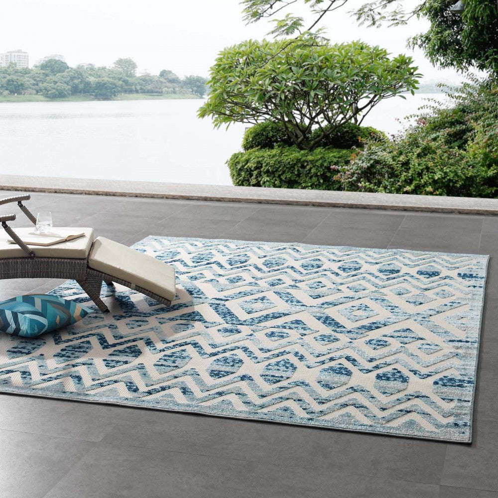 Reflect Tamako Diamond and Chevron Moroccan Trellis 8x10 Indoor / Outdoor Area Rug, Ivory and Blue