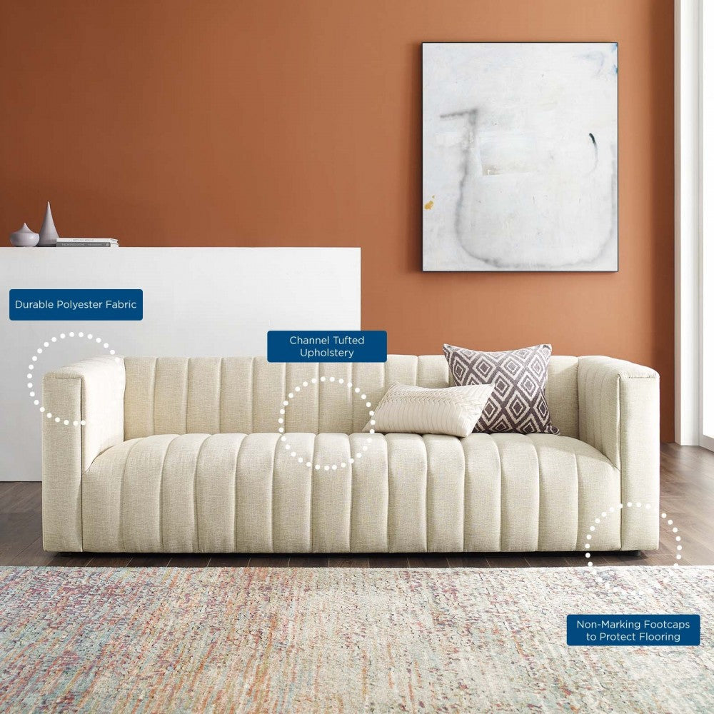 Reflection Channel Tufted Upholstered Fabric Sofa, Beige