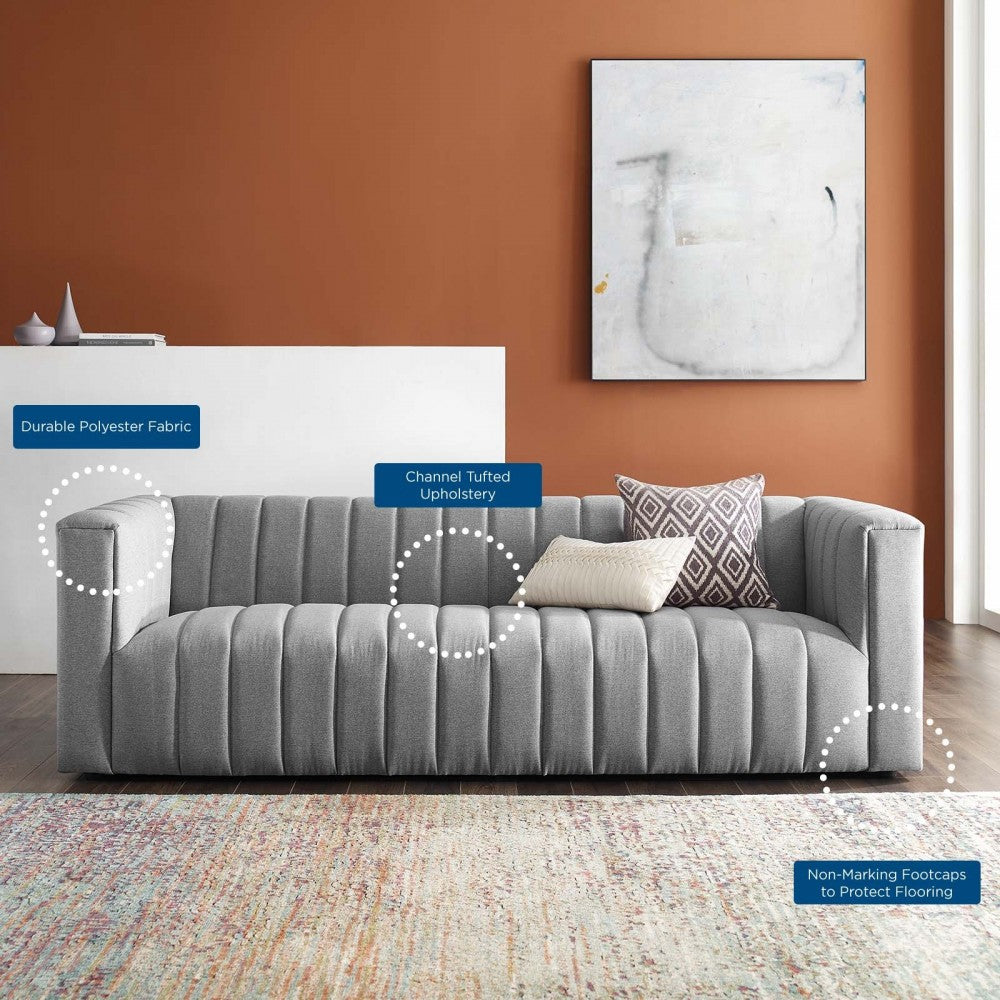 Reflection Channel Tufted Upholstered Fabric Sofa, Light Gray