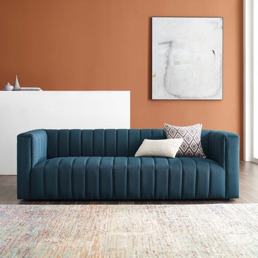 Reflection Channel Tufted Upholstered Fabric Sofa, Azure
