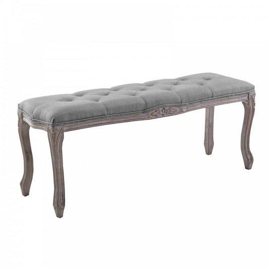 Regal Vintage French Upholstered Fabric Bench, Light Gray