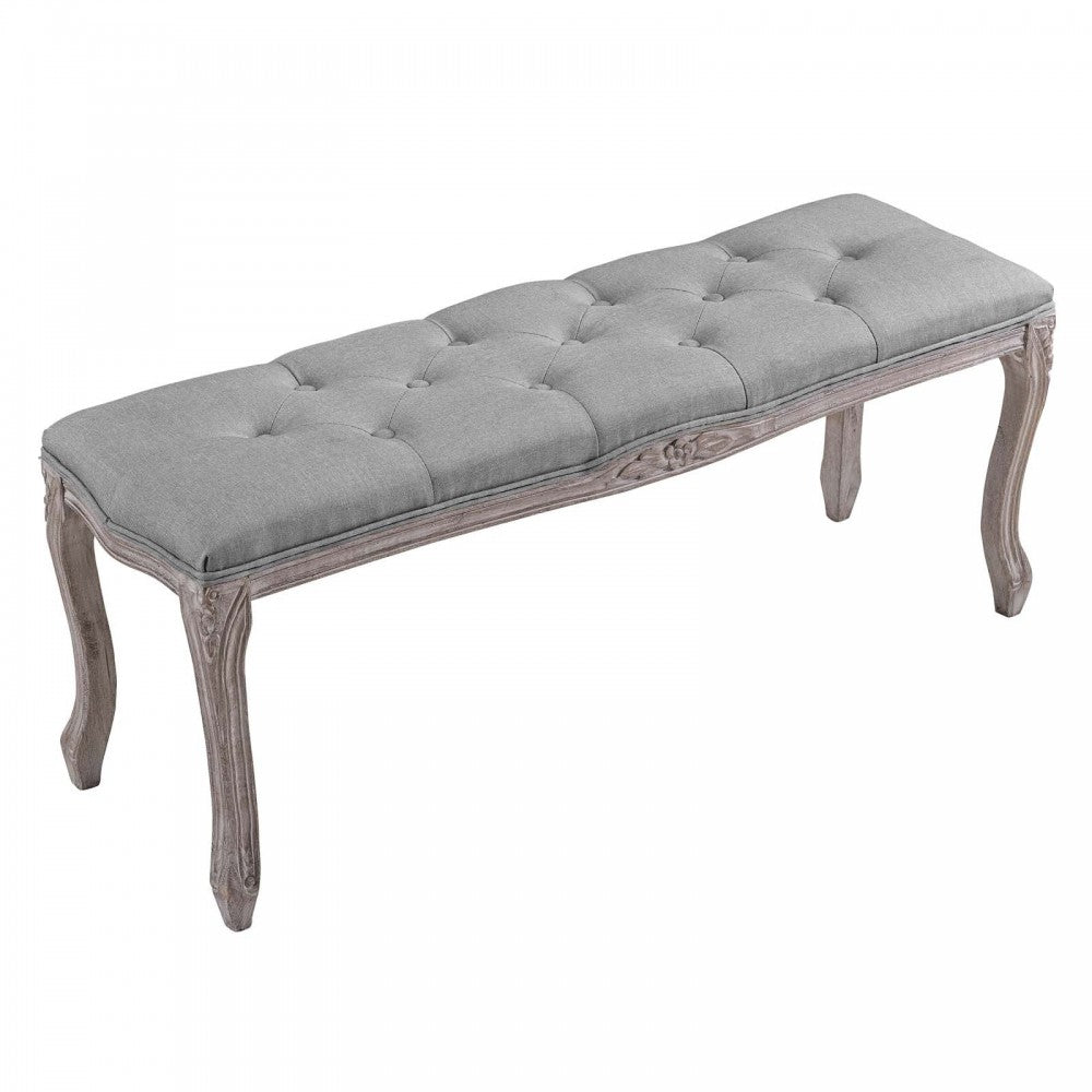 Regal Vintage French Upholstered Fabric Bench, Light Gray