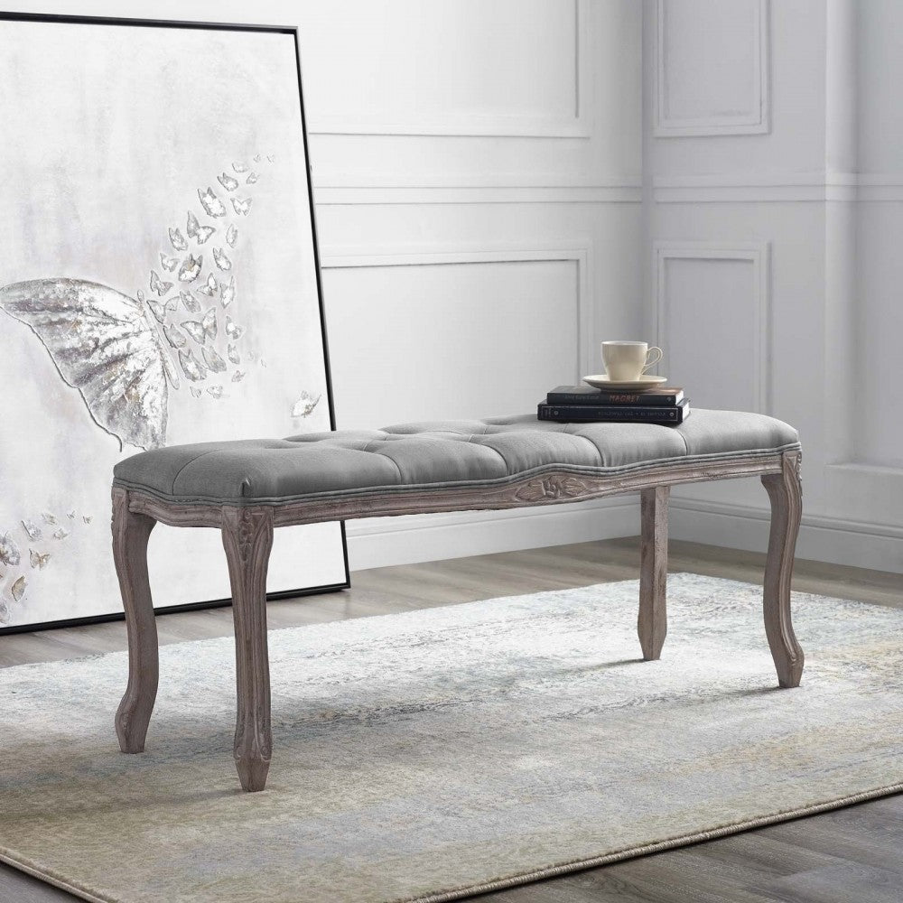 Regal Vintage French Upholstered Fabric Bench, Light Gray