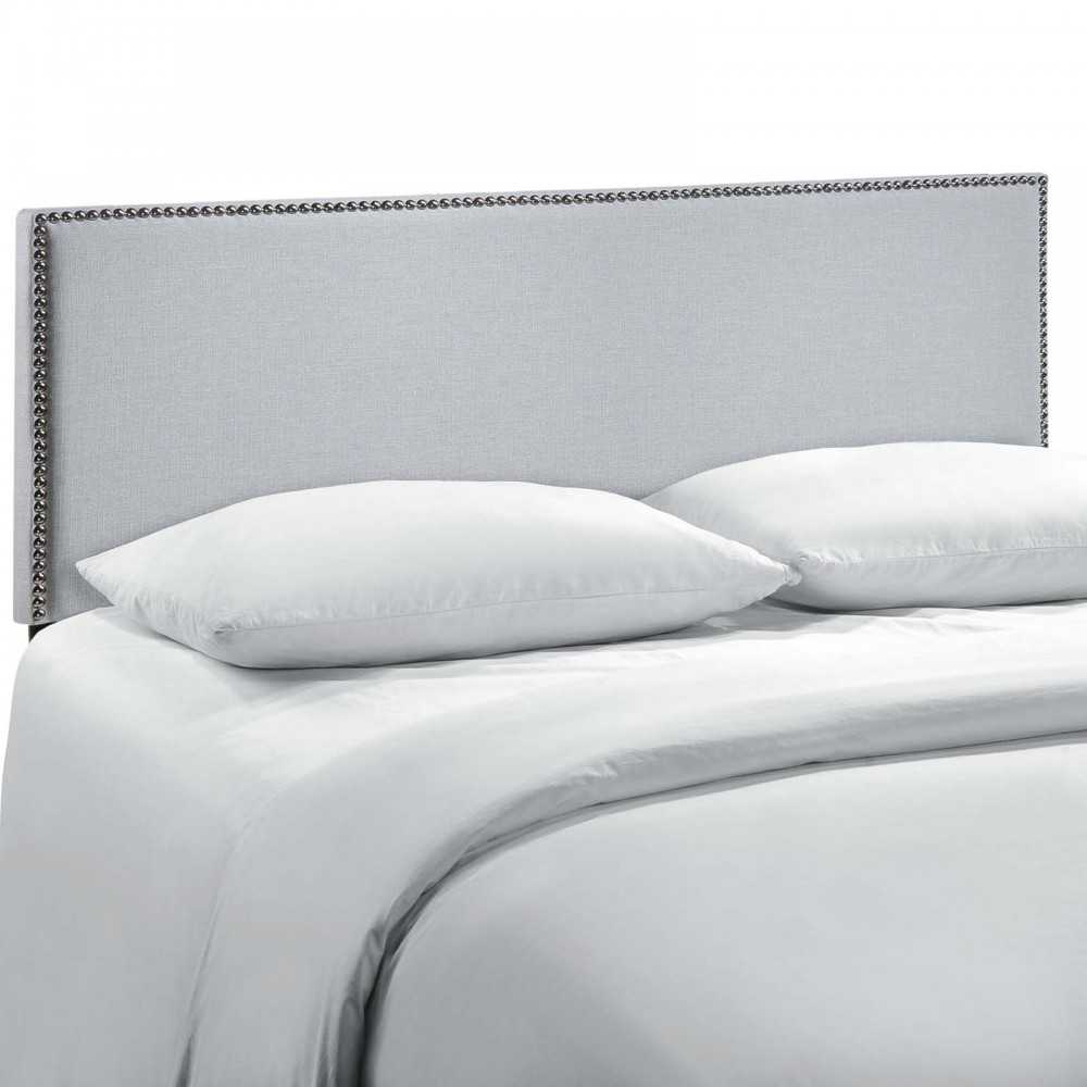 Region Nailhead Queen Upholstered Headboard, Sky Gray