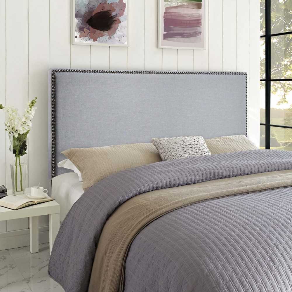 Region Nailhead Queen Upholstered Headboard, Sky Gray