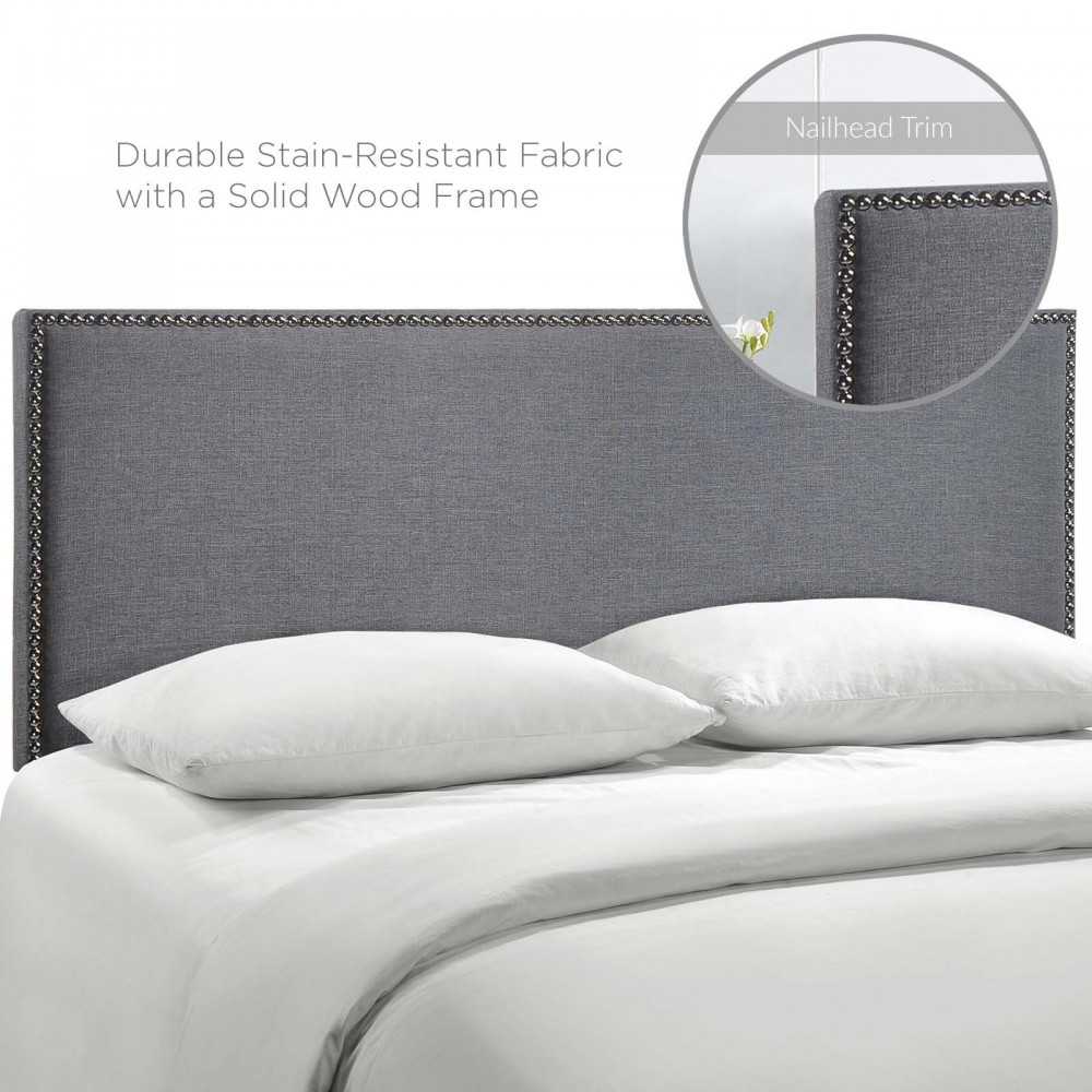Region Nailhead Queen Upholstered Headboard, Smoke