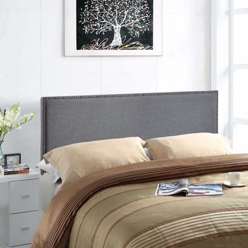 Region Nailhead Queen Upholstered Headboard, Smoke