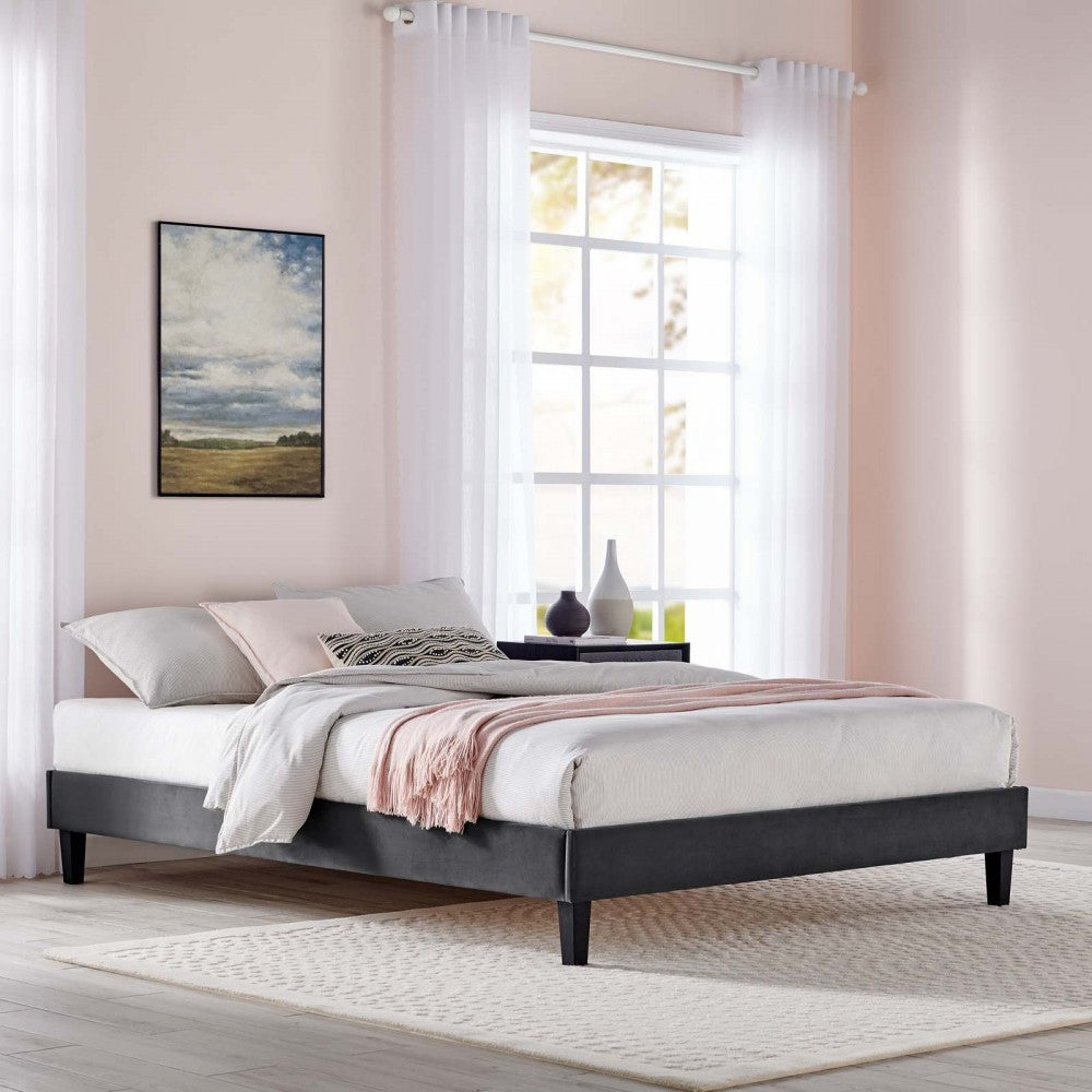 Reign Full Performance Velvet Platform Bed Frame, Charcoal