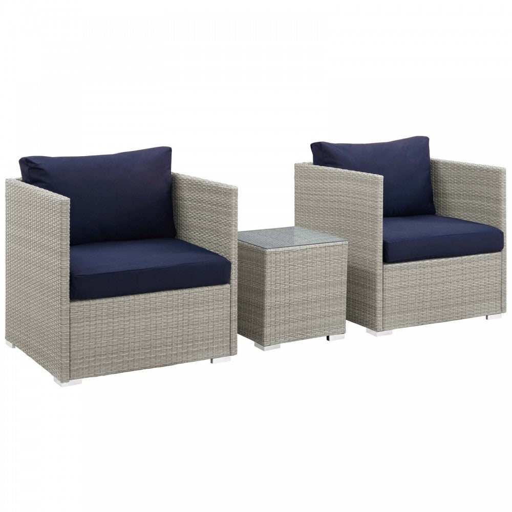 Repose 3 Piece Outdoor Patio Sunbrella Sectional Set, Light Gray Navy