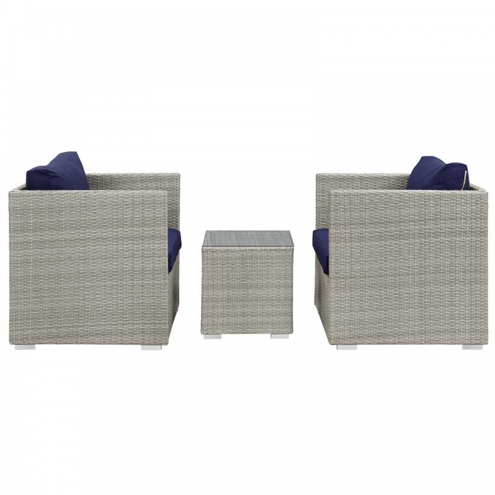 Repose 3 Piece Outdoor Patio Sunbrella Sectional Set, Light Gray Navy