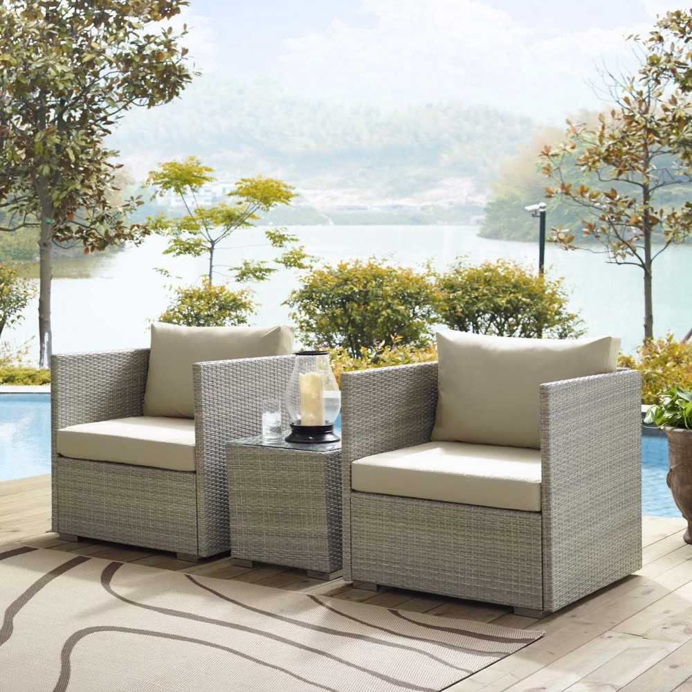 Repose 3 Piece Outdoor Patio Sunbrella Sectional Set, Light Gray Beige