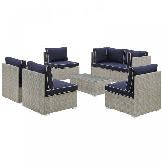 Repose 7 Piece Outdoor Patio Sectional Set, Light Gray Navy, EEI-3004-LGR-NAV-SET