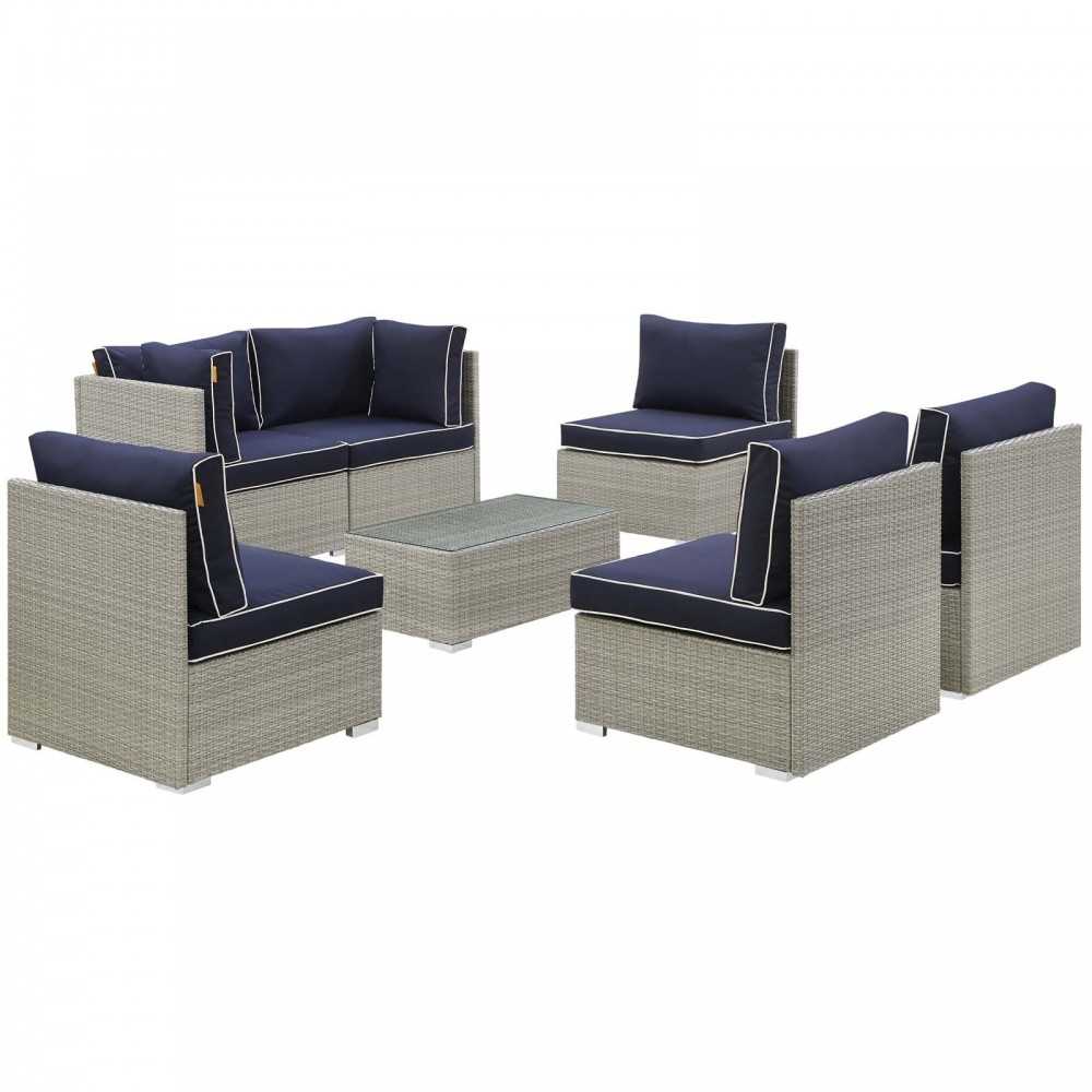 Repose 7 Piece Outdoor Patio Sectional Set, Light Gray Navy, EEI-3004-LGR-NAV-SET