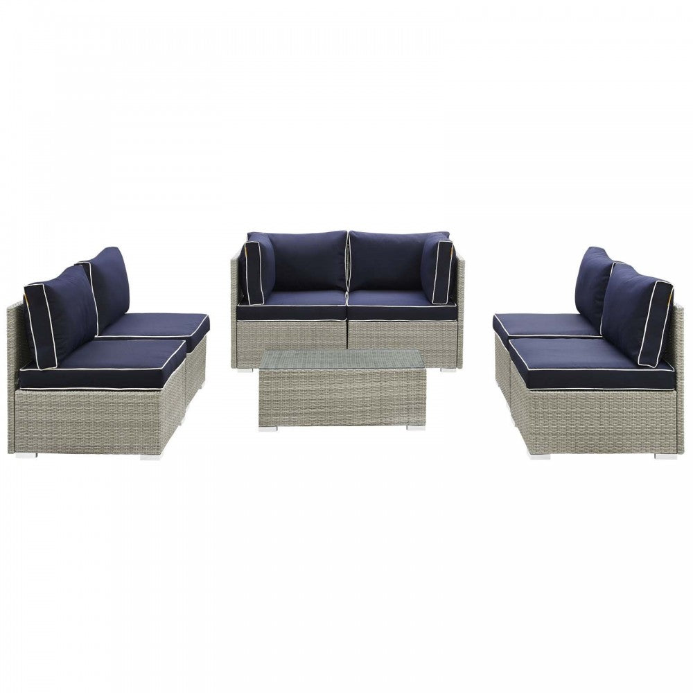 Repose 7 Piece Outdoor Patio Sectional Set, Light Gray Navy, EEI-3004-LGR-NAV-SET