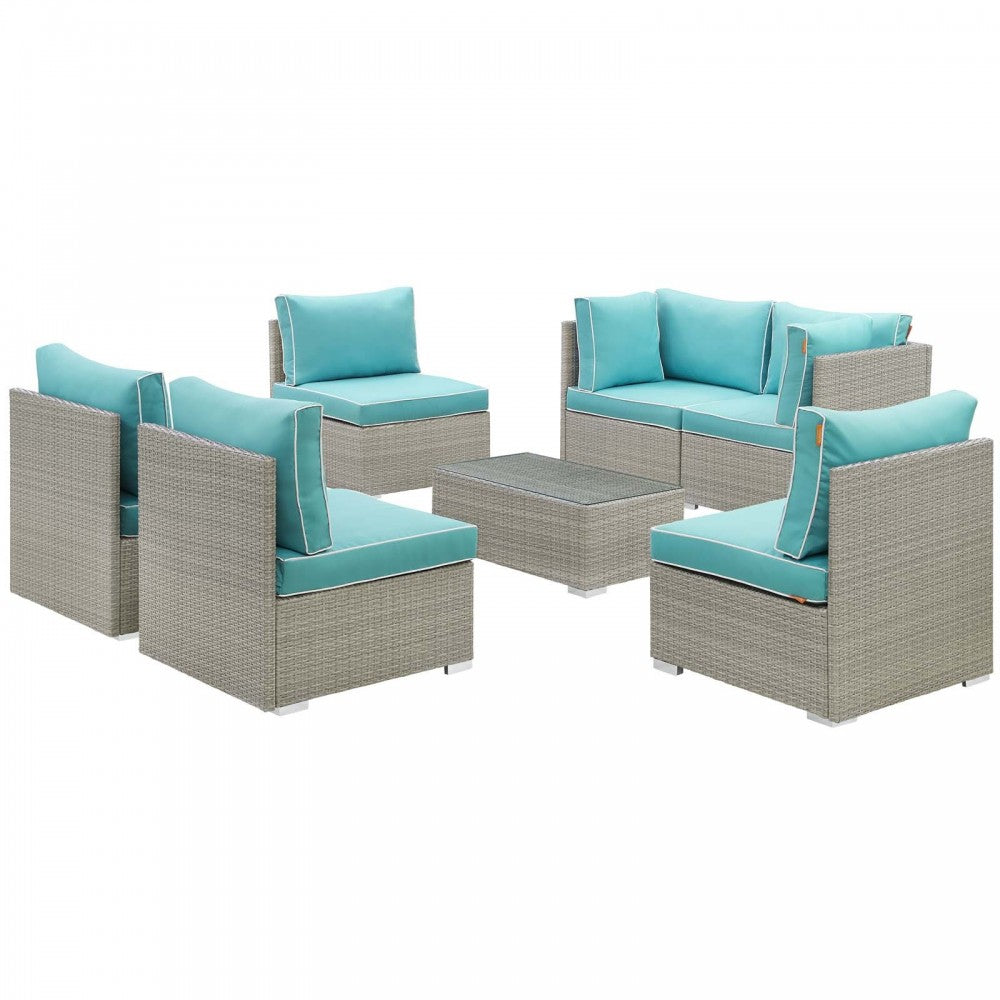 Repose 7 Piece Outdoor Patio Sectional Set, Light Gray Turquoise, EEI-3004-LGR-TRQ-SET